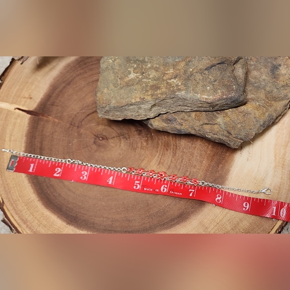 Beautiful Pink Floral Enamel Bracelet Or Anklet With Red Rhinestone Centers - Picture 8 of 12